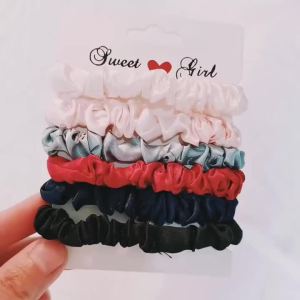 6pcs/lot Pure Silk Small Scrunchie Hair Bow Ties Ropes Bands Simple Satin Headwear Elastic Ponytail Holders For Women Girls
