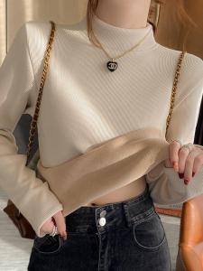 Womens Fleece Lined Thickened Stand Collar T-Shirt Winter Warm Inner Wear Casual Commute Style Long Sleeve Solid Color Top
