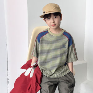 Boys Stripe Short Sleeve T-Shirt Light Summer Letter Splicing Contrast Color Casual Base Wear