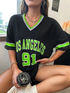 ผู้หญิงขนาดใหญ่พิมพ์เสื้อยืดLos Angeles 91 ตัวอักษรแขนสั้นVคอหลวมStreetสวมใส่กีฬาฤดูใบไม้ผลิ/ฤดูร้อนTshirt Top