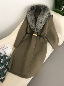 Áo Khoác Cardigan Dài Dày Dặn Nữ OFTBUY Mùa Thu Đông Phong Cách Lười Biếng Cổ Lông Cáo Màu Trơn Đơn Giản