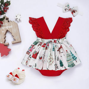 Christmas Romper Dress Set For Baby Girl Lace Sleeveless Tutu Dress Xmas Outfit with Headband Shoes Set