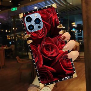 Case Vivo V60 V50 V40 V30 V29 V23 V23e V25 V25e V25 Pro V27 V29 V21 V21e V20se V20 Pro V19 V17 V15 Pro V11i V 9 V7 Plus V5 V5s S1 Y7S CaseBright Water Droplets Red Rose Cases Luxury Golden Decoration Square Soft TPU Shockproof Protective Hard PC Back