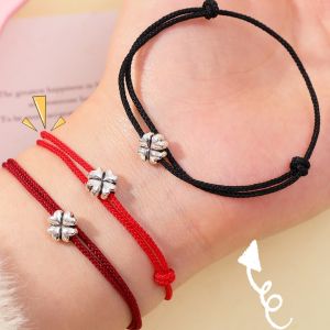 [Cutewomen2020] Lucky Four-Leaf Clover Red String Bracelet Zodiac Charm Handmade Prosperity Jewelry