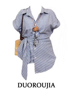 plus Size Womens Blue Plaid Short Sleeve Shirt with Diamond Embellishment Summer Belted Slimming Top Korean Style Commute