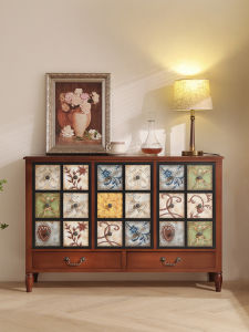 American Style Retro Solid Wood Chest of Drawers Living Room Wall Shelf Storage Cabinet Bedroom Bed Tail Narrow Cabinet