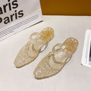Europe and America Cross Border Export Pointed Crystal Sandals Closed Toe Two-Way Wear Shoes Fashion Hollowed-out Gel Shoes Plus Size Transparent Women