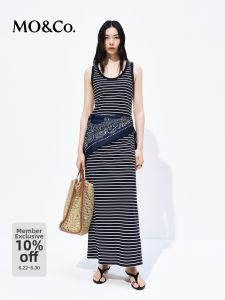 MO&Co. | Black and White Stripe Tank Long Dress With Scarf Cotton
