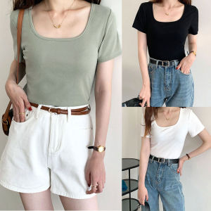 CHICCHIC 4 Colors Womens Cotton T-shirt Korean Fashion Square Neck T-shirts