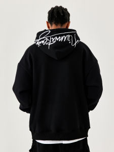 76th Human NMK High Street Special-Interest Design Embroider Letter Heavy Weight Hooded Sweatshirt Men and Women Fall and Winter Fleece-lined Black