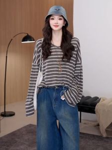 YUFUQING | Korean Style Long Sleeve V-Neck Striped T-Shirt Womens Early Autumn New Design Color Block Versatile Elegance Top