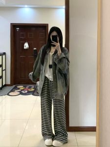 175 Tall Long Loose Pants Female High Waist Lazy Relaxed Feeling Black and White Stripes Casual Straight-Leg Mop Pants
