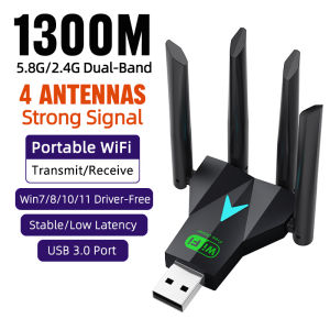 Nâng cấp 4 anten 1300Mbps Wifi USB 3.0 Adapter 2.4G/5GHz băng tần kép khóa điện tử wifi các mạng không dây 802.11ac cho Win10/11 trình điều khiển miễn phí cho PC/máy tính xách tay