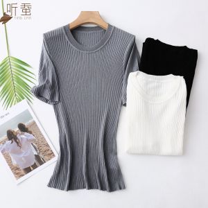 Silk Cotton Blend round Neck Short Sleeve Slim Fit Womens T-shirt Thin Pure Color Simple Design Spring Fashion Sweet Style