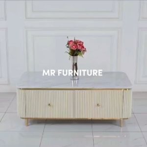 Meja Tamu Salur Duco Putih Top Marmer Putih Carrara