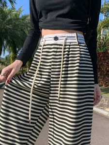 QIAOMIDUO | High Waist Wide Leg Pants Womens Casual Loose Style Black White Stripes Autumn Korean Version Lazy Feelings Leisure Trousers