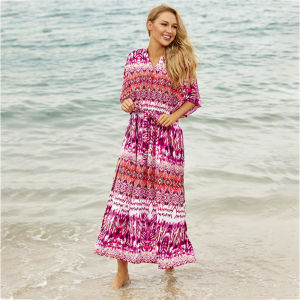 Boho Printing Beach Dress Women V-neck Quick-dry Beach Dress Tunics Kaftan Oversize Bathing Suit Beachwear Bikini Cover up