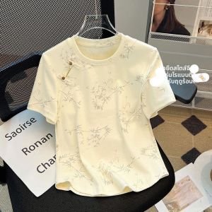 เสื้อยืดคอกลมแขนสั้นทรงหลวมสไตล์จีนสำหรับผู้หญิง ฤดูร้อน 2025 ทรงเข้ารูป เสื้อตัวบนอเนกประสงค์ ผ้าฝ้ายผสมโพลีเอสเตอร์