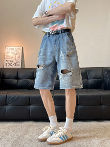 Ripped Denim Shorts Men Summer Pants Retro Five-Point Trendy Design American High Street Poor Mans Jeans Casual Loose Straight Cut