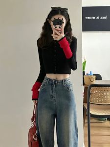 Color Block Knitted Cardigan Womens Slim Fit Style Korean Version Long Sleeve Top for Early Autumn Fashionable Inner Wear