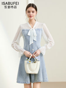 Casual Denim Dress Womens Spring Design Butterfly Knot A-Line Skirt Isabufei Fashion Brand Casual Cotton Bell Sleeve Midi Dress