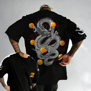 Bandai | Dragon Ball Shenron Black and White Line Art T-Shirt for Men 100% Cotton Summer Casual Streetwear Anime Graphic Print