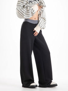 Black Splice Casual Sports Pants Womens plus Size High Waist Loose Slimming Wide Leg Floor-Length Trousers Autumn Season