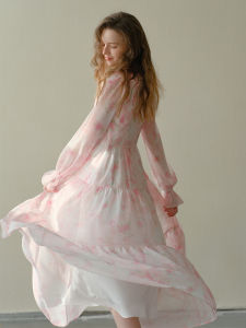 Romantic Pink Spring 2025 Floral 3D Print One-Piece Dress French Style Chiffon Skirt Holiday Womens Dress A-Line Long Sleeve