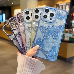 เคสโทรศัพท์ผีเสื้อพลอยเทียมไล่ระดับสีระยิบระยับส่องแสงเป็นประกายระยิบระยับสุดหรูสำหรับ Samsung S25 Ultra Galaxy S25Ultra S25PLUS S24 S24Ultra PLUS S23 FE A26 5G