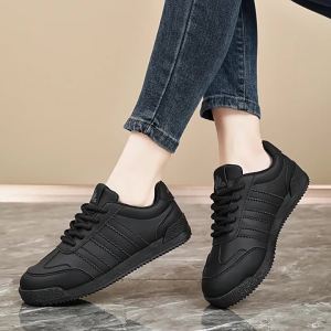 Large Size Womens Sport Shoes Leather Upper Work Shoes Full Black Spring Autumn New Style Phu Quoc Fat Wide Fit Casual Fashion