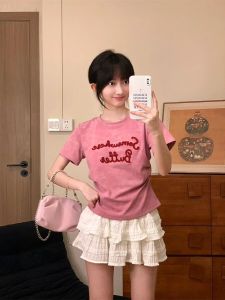 เสื้อยืดแขนสั้นผู้หญิงทรงเข้ารูปพิมพ์ลายเอวเข้ารูป ทรงเข้ารูป คอตั้ง สไตล์เกาหลี ผ้าฝ้าย 90% ยางยืด 10%