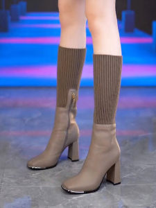 Metal Trimmed Square Toe High Heel Booties Knee High Zipper Side Closure Chunky Heel Waterproof Platform Martin Boots for Women