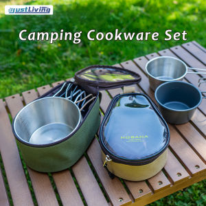 JustLiving 9Pcs Mini Folding Cookware Set Outdoor Kitchen Gear Cookware Kit Mountaineering Tools Portable Compact Carry Case for Camping/ Hiking/ Travel/ BBQ Grilling Foldable Home Kitchenware