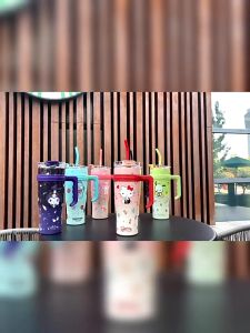 Ly giữ nhiệt inox 304 hoạt hình có ống hút và quai cầm 1L2