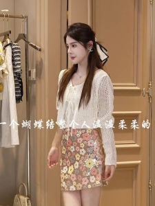 Zhang Yuan Yi Womens Fashion Summer 2024 Elegant Minimalist Style Gentle Tie-Band Short Hollow Cover up Anti-Aging Knitted Sweater