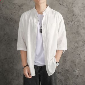Áo Sơ Mi Nam Vải Lanh Rộng Rãi Màu Trơn Mùa Hè Áo Khoác Ngoài Thường Ngày Tay Dài Bảy Inch Phong Cách Trung Hoa Áo Sơ Mi Nam