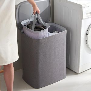 35L/50L/90L คู่ตะกร้าผ้า2พาร์ติชั่นถุงพร้อมที่จับซักผ้าทรงสูงพร้อมขาเหมาะสำหรับใส่เสื้อผ้าสกปรกกล่องจัดเก็บที่เก็บเสื้อผ้าตั้งพื้นสำหรับห้องซักรีดห้องนอนห้องน้ำ