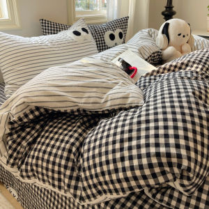 Cream Blended Grid Pure Cotton Washed Bed Sheet Set