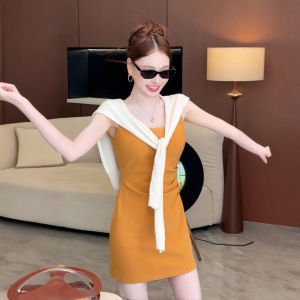YUEZHONGWEI | French Style Square Collar Orange Strapless Dress Womens Summer Slim Fit Mini Skirt Short Dress Korean Style Commute