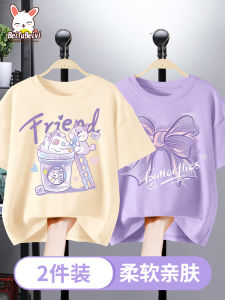 Girls Short Sleeve T-Shirt Pure Cotton Half Sleeve Summer Childrens Top Casual Loose Fit round Neck Cartoon Print Sweat Absorbent
