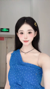 Áo hai dây trễ vai chấm bi xanh không đều dành cho nữ vào mùa hè với viền bèo nhún