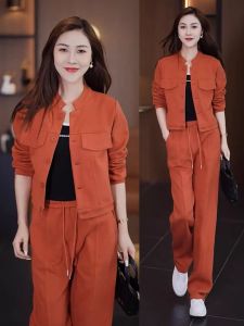 Fashionable Casual Sportswear Set Womens Spring Autumn New Style Slimming Youthful Wide Leg Pants Cardigan Two Piece Set