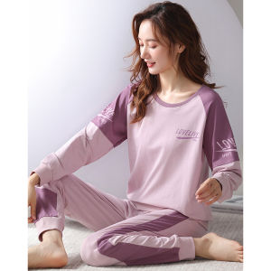 Spring Autumn Pure Cotton Long Sleeve Sleepwear Loose Comfortable Home Clothes Purple Casual Loose Fit Female Pyjamas Set