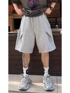 American Retro Pleated Patchwork Mens Shorts Summer Straight Leg Medium Pants Casual Deconstructed Design Sensation Five-Quarter Pants