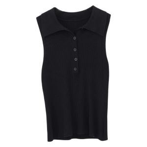 YUEZHONGWEI | Black Polo Neck Knitted Vest Women Summer Outerwear Slim Fit Turn-down Collar Sleeveless Top Fashion Sensation New Design 2025
