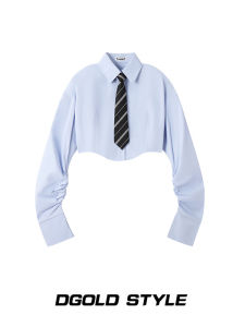 หวาน และแขนยาวสีน้ําเงินเผ็ด สลิมฟิต เสื้อเชิ้ต ผู้หญิง ดีไซน์ ความยาวสั้นไม่ซ้ําใคร เสื้อครอป เสื้อชั้นใน สตรีทสไตล์ เสื้อเชิ้ต