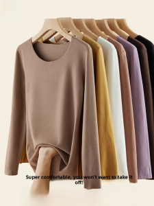 miiow | Thickened German Velvet Base Shirt Womens Autumn Winter Warm Thermal Underwear Seamless Set Round Neck Long Sleeve Regular Fit