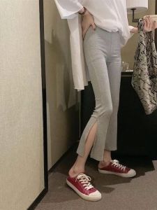 Black High Waist Slimming Drapey Micro Flared Pants for Women Spring Summer Open Split Seven-Five Casual Trousers