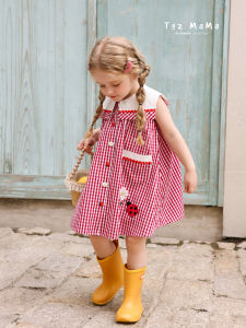 toz mama | Contrast Color Embroidery Plaid Dress for Girls
