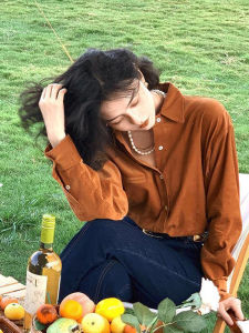 Hong Kong Style Retro Orange Corduroy Shirt Womens Autumn and Winter French Style Bandage Dress Fancy Shirt Coat Inner Wear Blouse